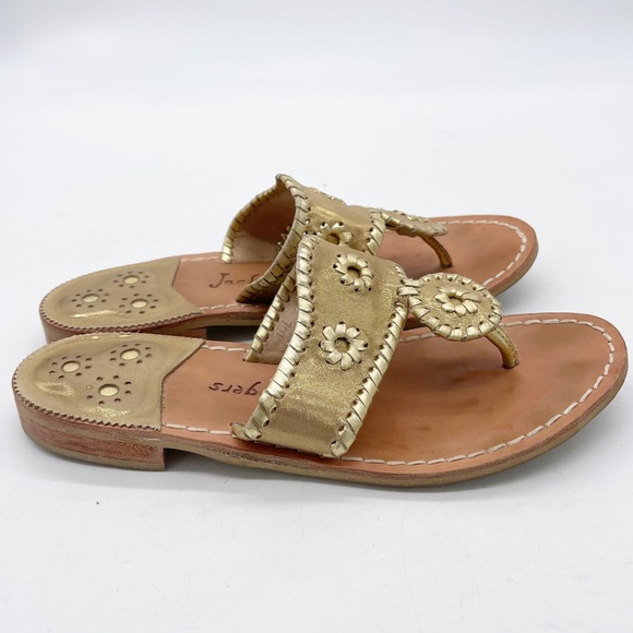 JACK ROGERS Jacks Flat Gold Leather Whipstitch Thong Sandals - Picture 4 of 11